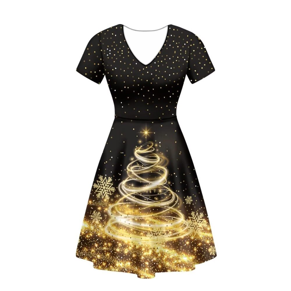 7466 Christmas Tree Flowy Dresses Gold Short Sleeve Tunic Midi Dress